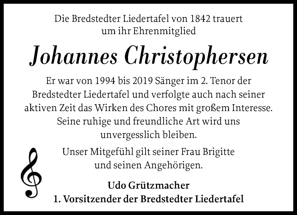  Traueranzeige für Johannes Christophersen vom 17.09.2025 aus Husumer Nachrichten, Nordfriesland Tageblatt