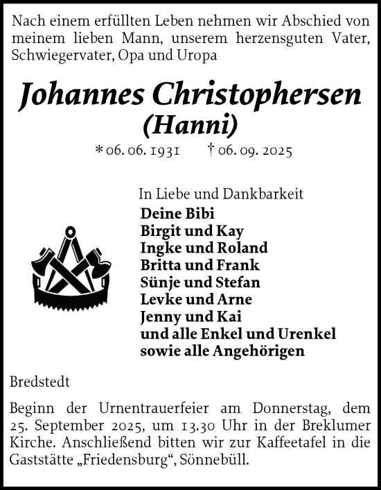 Traueranzeige von Johannes Christophersen von Husumer Nachrichten, Nordfriesland Tageblatt