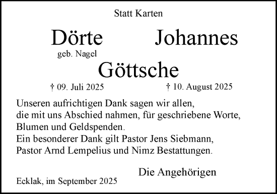 Traueranzeige von Johannes Göttsche von Norddeutsche Rundschau, Wilstersche Zeitung, Glückstädter Fortuna