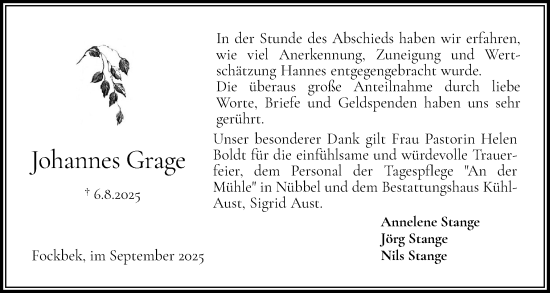 Traueranzeige von Johannes Grage von Schleswig-Holsteinische Landeszeitung