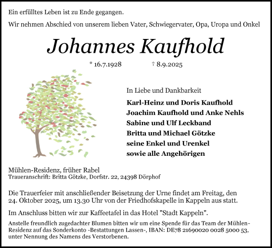 Traueranzeige von Johannes Kaufhold von Flensburger Tageblatt, Schleswiger Nachrichten, Schlei-Bote