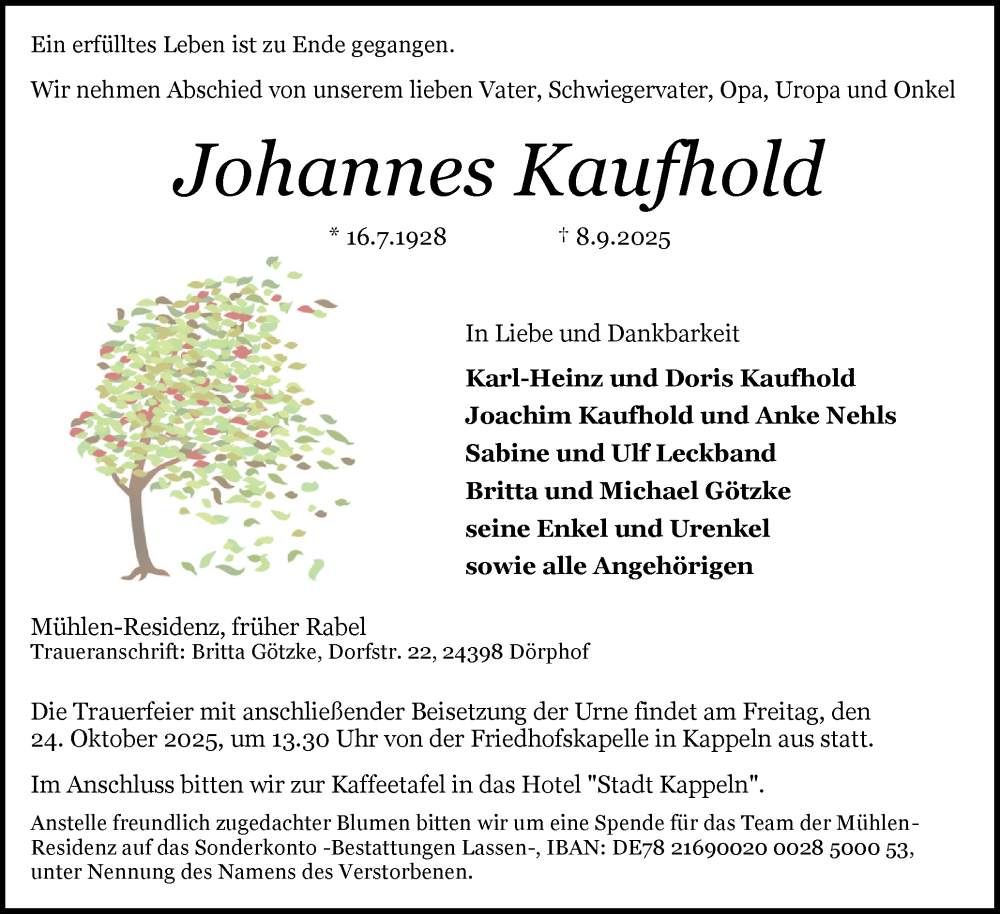  Traueranzeige für Johannes Kaufhold vom 13.09.2025 aus Flensburger Tageblatt, Schleswiger Nachrichten, Schlei-Bote