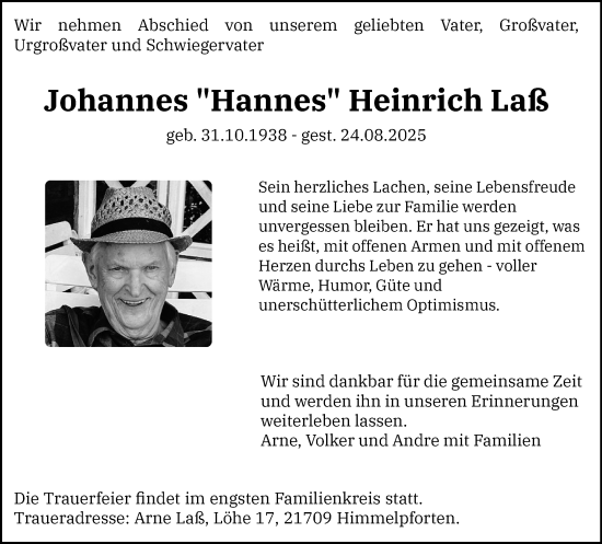 Traueranzeige von Johannes Laß von Stormarner Tageblatt