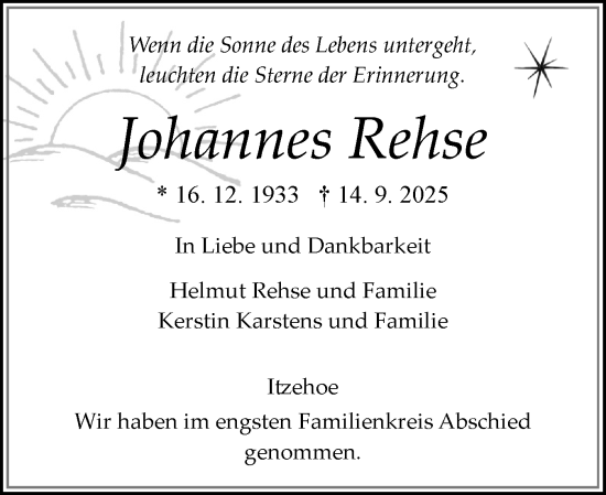 Traueranzeige von Johannes Rehse von Norddeutsche Rundschau, Wilstersche Zeitung, Glückstädter Fortuna