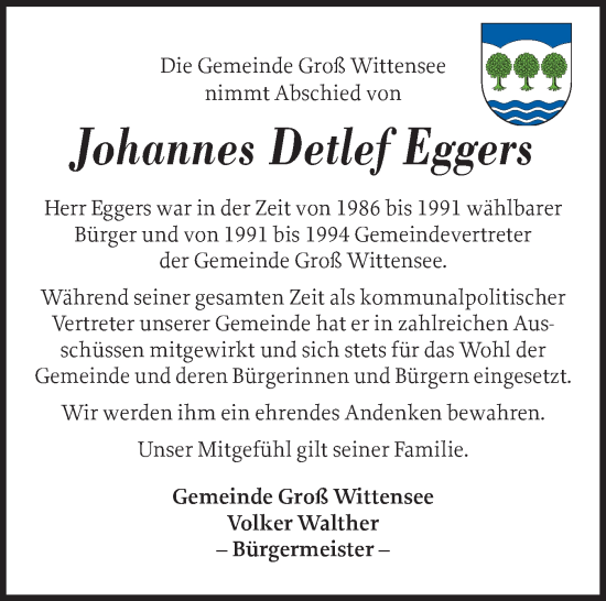 Traueranzeige von Johannes Detlef Eggers von Eckernförder Zeitung, Hallo Eckernförde
