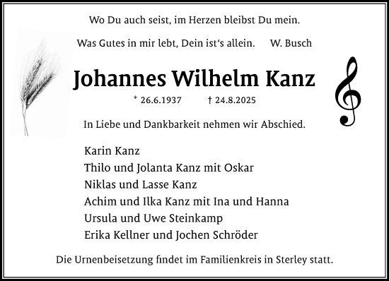 Traueranzeige von Johannes Wilhelm Kanz von MARKT Ratzeburg/Mölln
