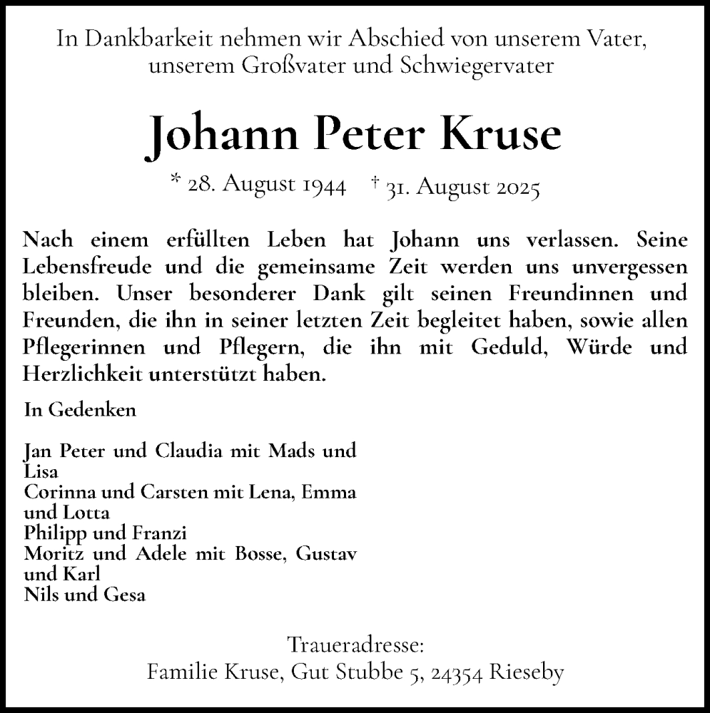  Traueranzeige für Johann Peter Kruse vom 09.09.2025 aus Schleswiger Nachrichten, Schlei-Bote, Eckernförder Zeitung
