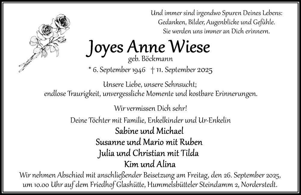  Traueranzeige für Joyes Anne Wiese vom 20.09.2025 aus Heimatspiegel