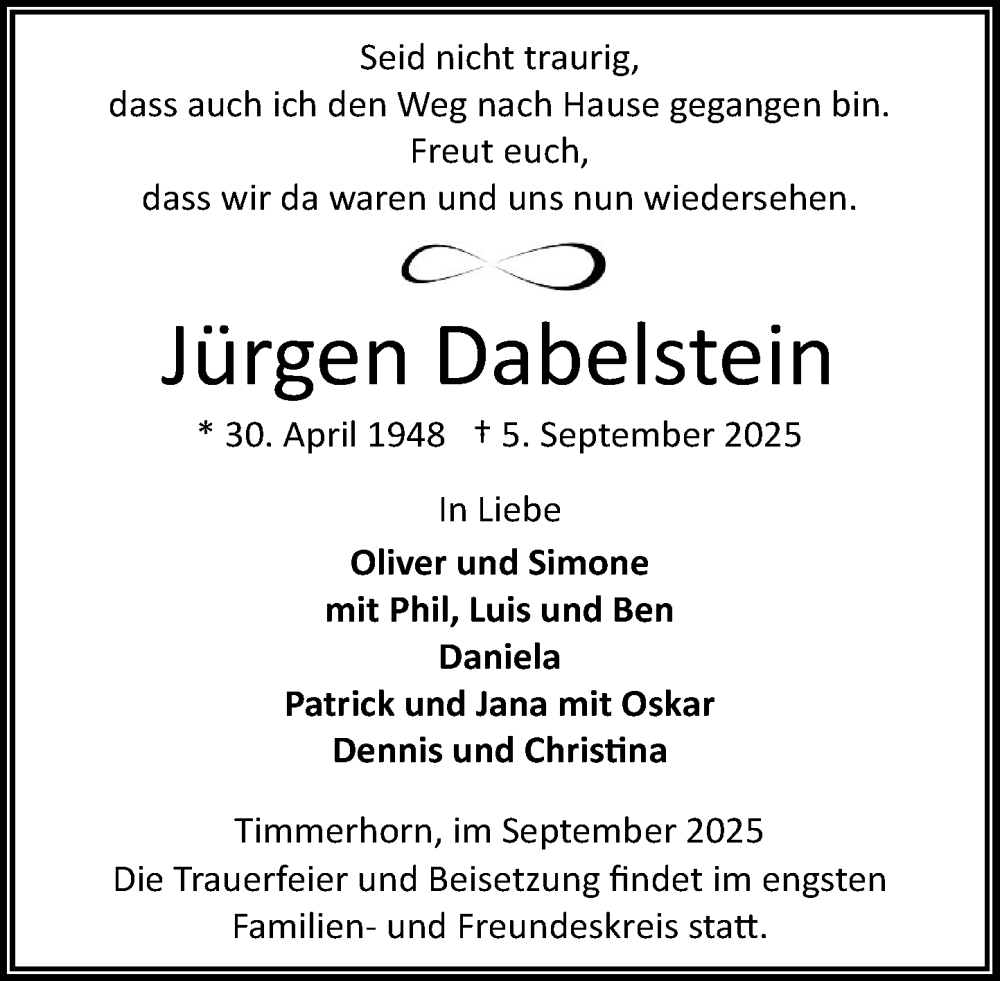  Traueranzeige für Jürgen Dabelstein vom 13.09.2025 aus MARKT Ahrensburg/Bargteheide/Trittau und Stormarner Tageblatt