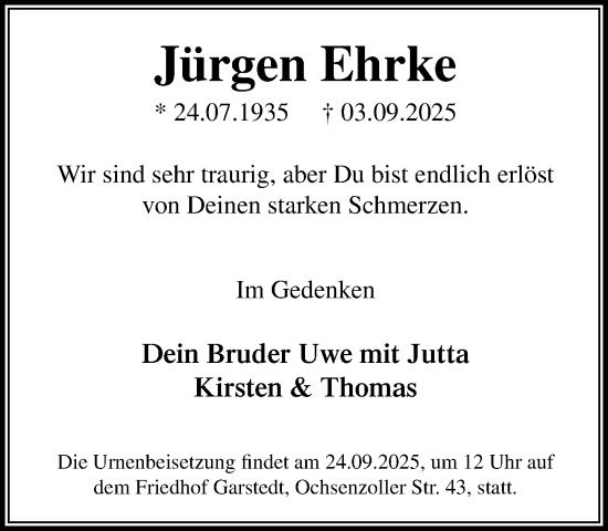 Traueranzeige von Jürgen Ehrke von Heimatspiegel