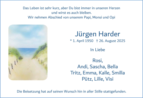 Traueranzeige von Jürgen Harder von Uetersener Nachrichten, Der tip am Wochenende
