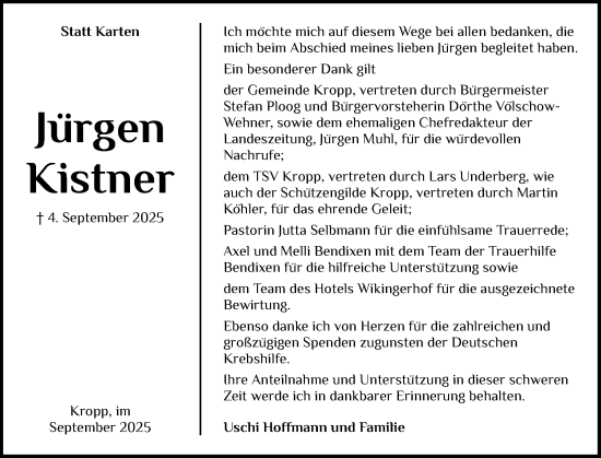 Traueranzeige von Jürgen Kistner von Schleswig-Holsteinische Landeszeitung