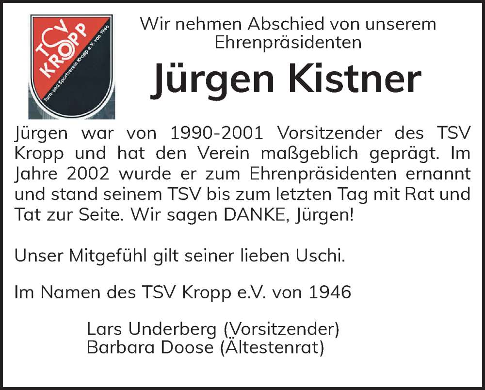  Traueranzeige für Jürgen Kistner vom 09.09.2025 aus Schleswig-Holsteinische Landeszeitung