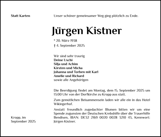 Traueranzeige von Jürgen Kistner von Schleswig-Holsteinische Landeszeitung