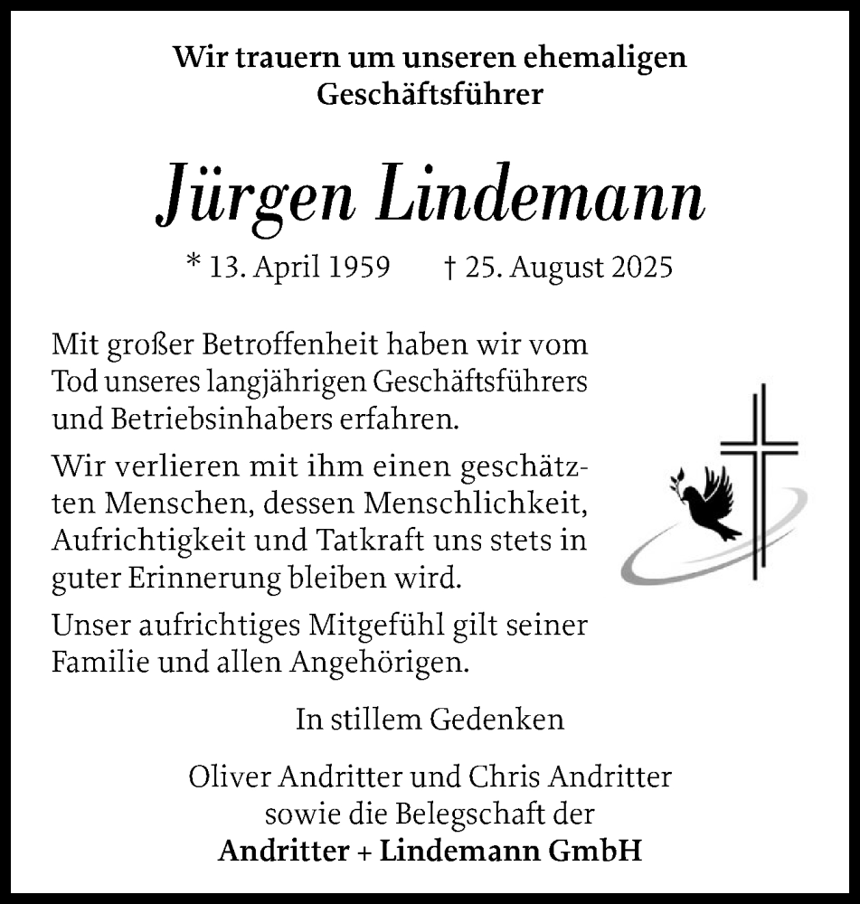  Traueranzeige für Jürgen Lindemann vom 05.09.2025 aus Norddeutsche Rundschau, Wilstersche Zeitung, Glückstädter Fortuna