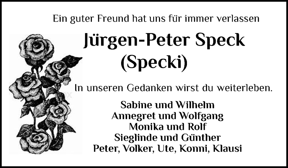  Traueranzeige für Jürgen-Peter Speck vom 04.09.2025 aus Schleswig-Holsteinische Landeszeitung