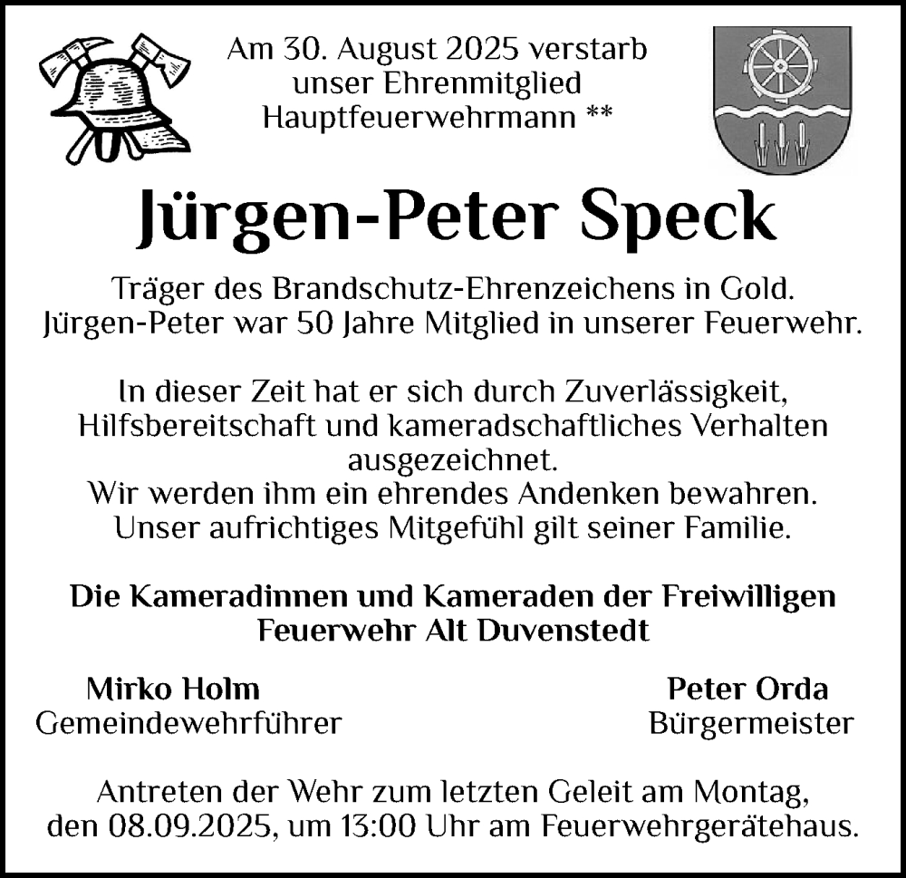  Traueranzeige für Jürgen-Peter Speck vom 04.09.2025 aus Schleswig-Holsteinische Landeszeitung