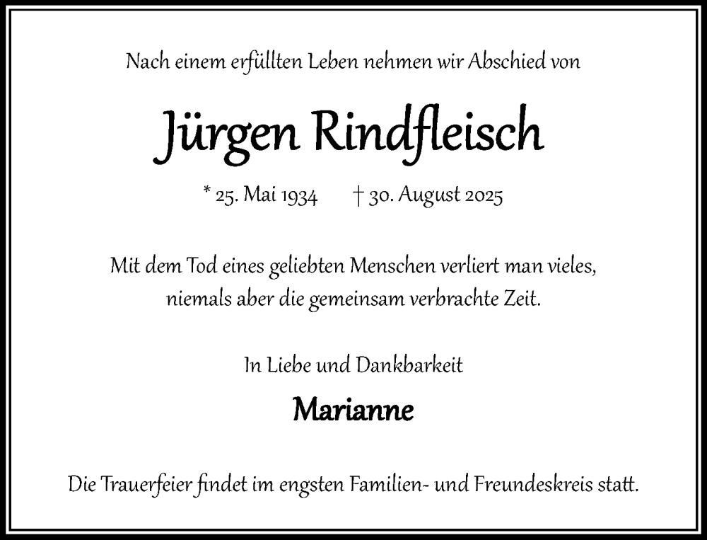  Traueranzeige für Jürgen Rindfleisch vom 06.09.2025 aus MARKT Bad Oldesloe/Reinfeld, MARKT Ahrensburg/Bargteheide/Trittau und Stormarner Tageblatt