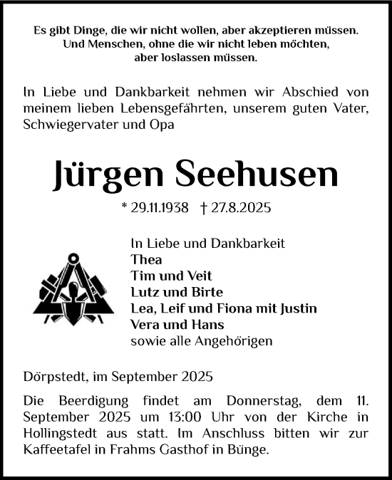 Traueranzeige von Jürgen Seehusen von Schleswig-Holsteinische Landeszeitung