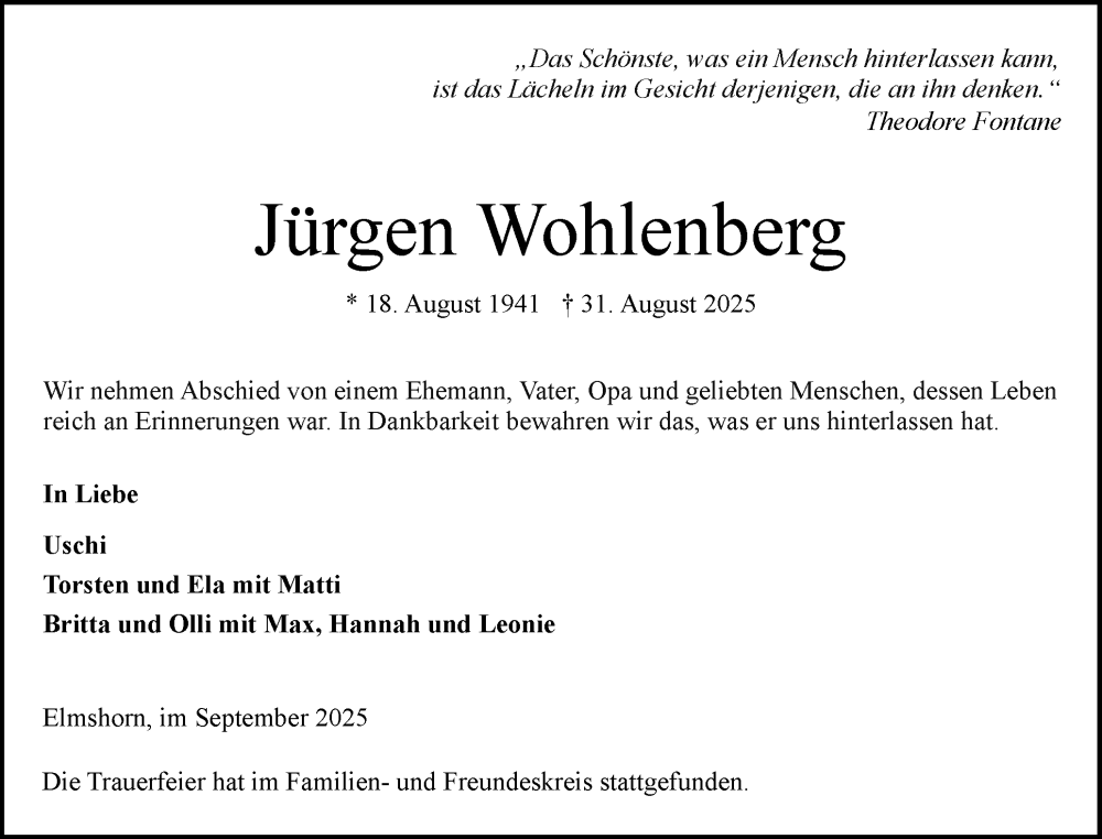  Traueranzeige für Jürgen Wohlenberg vom 06.09.2025 aus Elmshorner Nachrichten, Barmstedter Zeitung