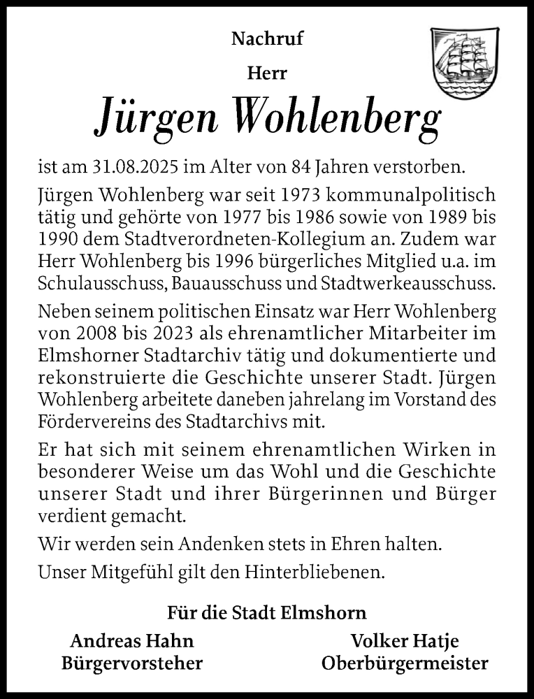  Traueranzeige für Jürgen Wohlenberg vom 13.09.2025 aus Elmshorner Nachrichten, Barmstedter Zeitung