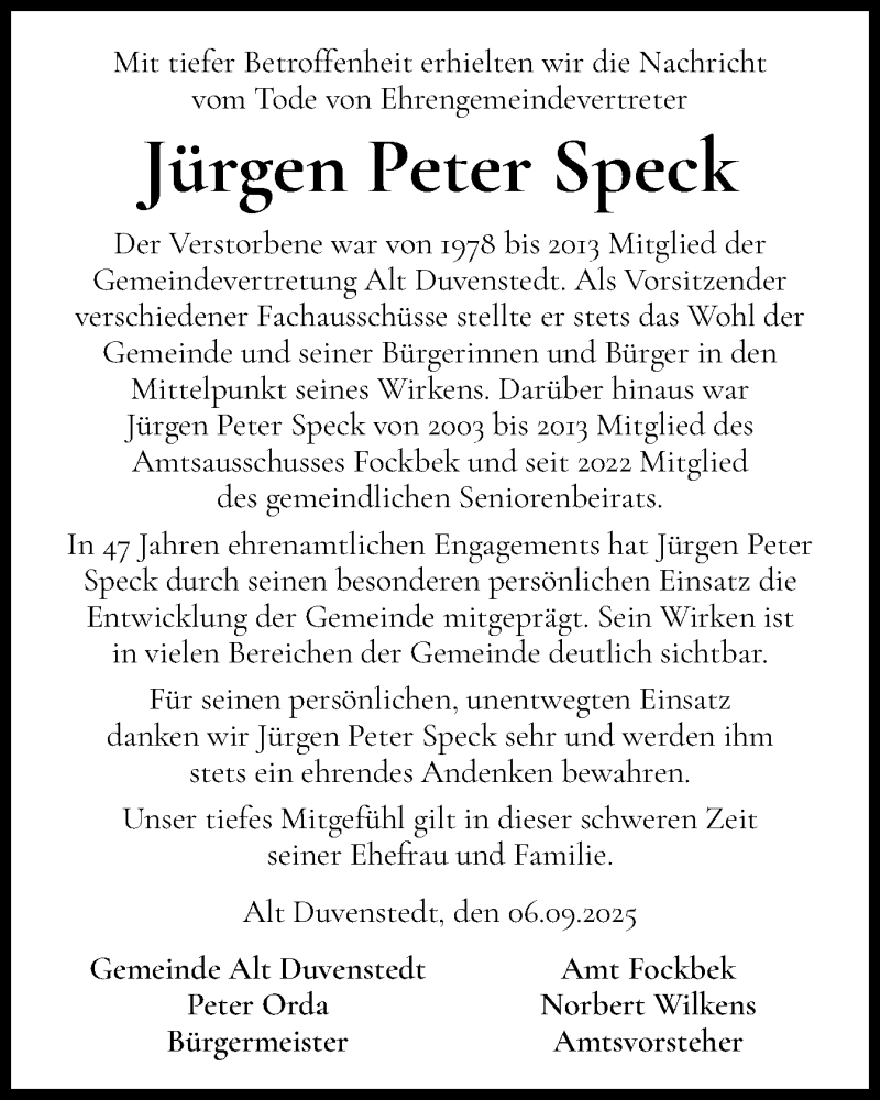  Traueranzeige für Jürgen Peter Speck vom 06.09.2025 aus Schleswig-Holsteinische Landeszeitung