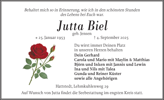 Traueranzeige von Jutta Biel von Husumer Nachrichten, Nordfriesland Tageblatt