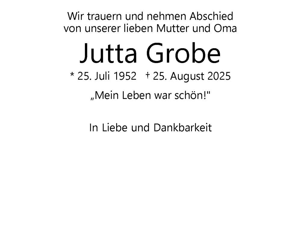  Traueranzeige für Jutta Grobe vom 20.09.2025 aus Wochenend Anzeiger