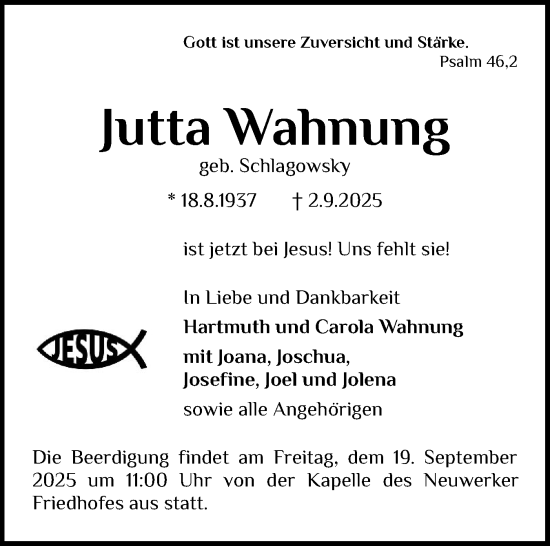 Traueranzeige von Jutta Wahnung von Schleswig-Holsteinische Landeszeitung