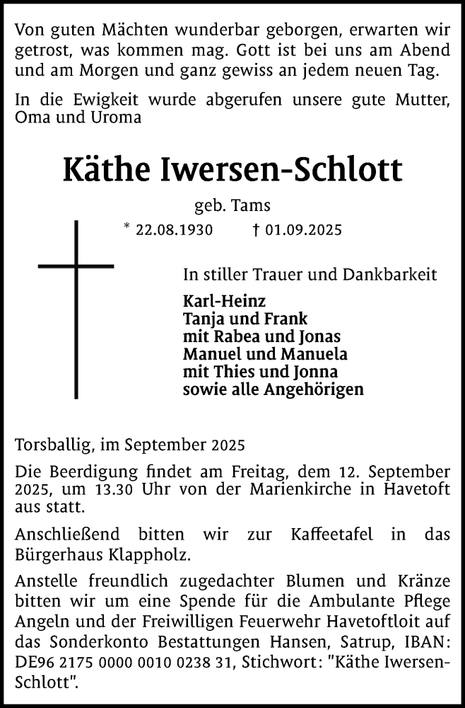  Traueranzeige für Käthe Iwersen-Schlott vom 06.09.2025 aus Flensburger Tageblatt, Schleswiger Nachrichten, Schlei-Bote
