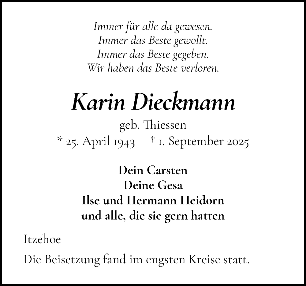  Traueranzeige für Karin Dieckmann vom 27.09.2025 aus Norddeutsche Rundschau, Wilstersche Zeitung, Glückstädter Fortuna