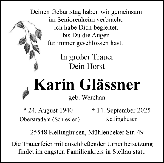 Traueranzeige von Karin Glässner von Norddeutsche Rundschau, Wilstersche Zeitung, Glückstädter Fortuna