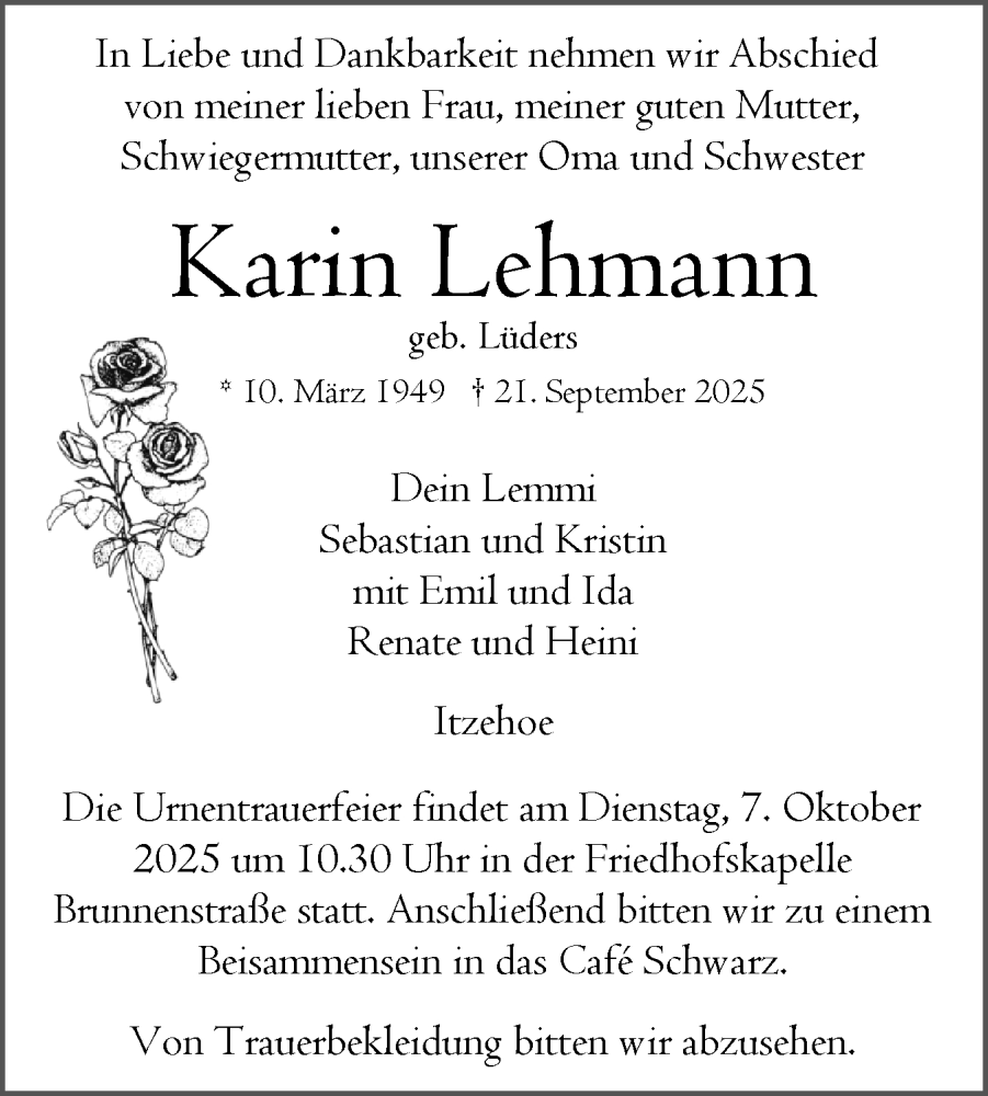  Traueranzeige für Karin Lehmann vom 27.09.2025 aus Norddeutsche Rundschau, Wilstersche Zeitung, Glückstädter Fortuna