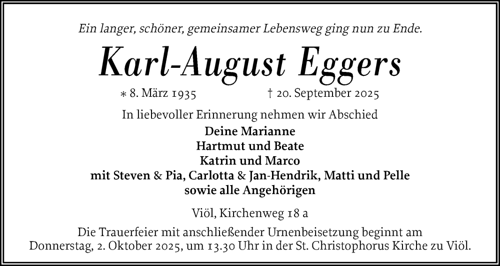  Traueranzeige für Karl-August Eggers vom 26.09.2025 aus Husumer Nachrichten, Nordfriesland Tageblatt