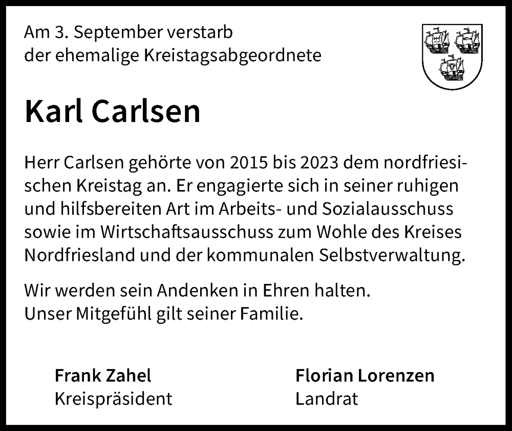  Traueranzeige für Karl Carlsen vom 22.09.2025 aus Region Westküste