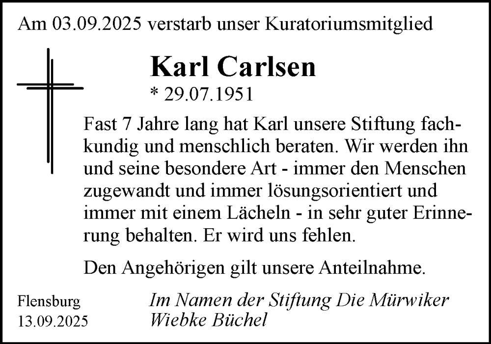 Traueranzeige für Karl Carlsen vom 13.09.2025 aus Flensburger Tageblatt