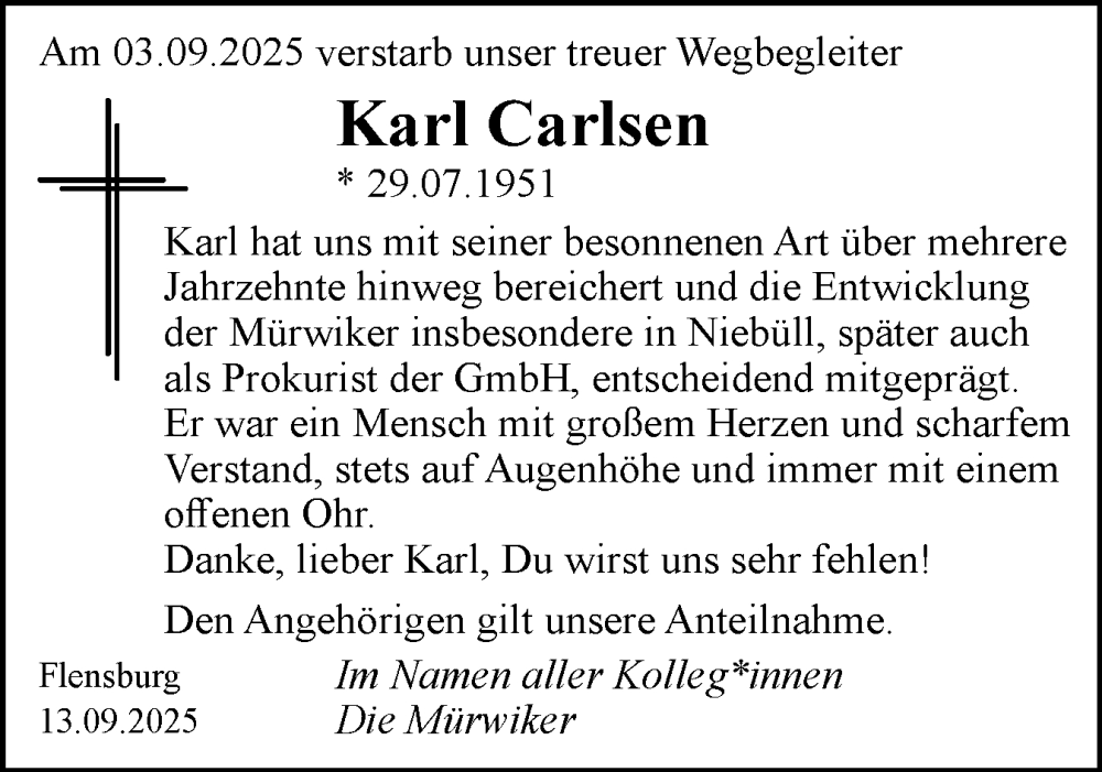  Traueranzeige für Karl Carlsen vom 13.09.2025 aus Flensburger Tageblatt