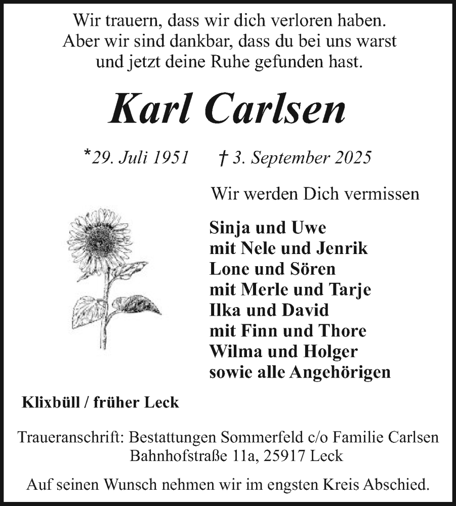  Traueranzeige für Karl Carlsen vom 06.09.2025 aus Region Flensburg