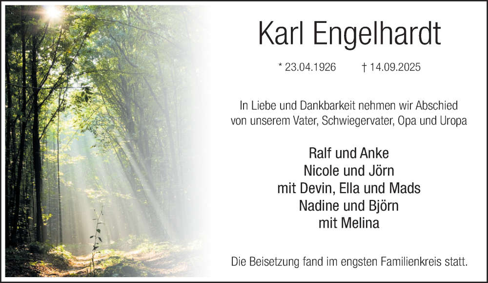  Traueranzeige für Karl Engelhardt vom 27.09.2025 aus Heimatspiegel