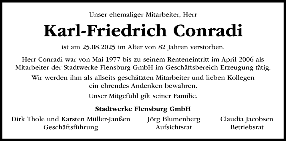  Traueranzeige für Karl-Friedrich Conradi vom 13.09.2025 aus Flensburger Tageblatt