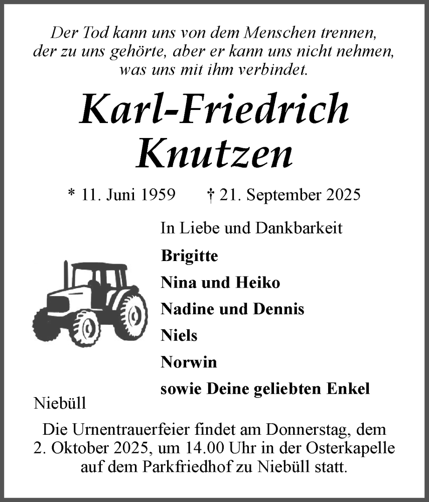  Traueranzeige für Karl-Friedrich Knutzen vom 27.09.2025 aus Husumer Nachrichten, Nordfriesland Tageblatt