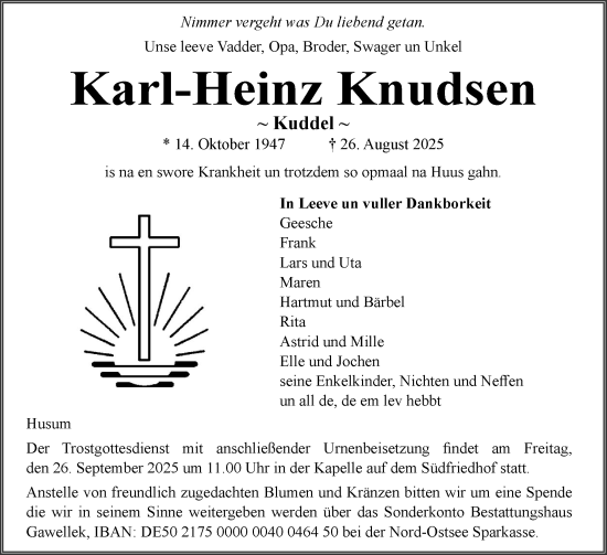 Traueranzeige von Karl-Heinz Knudsen von Husumer Nachrichten, Nordfriesland Tageblatt