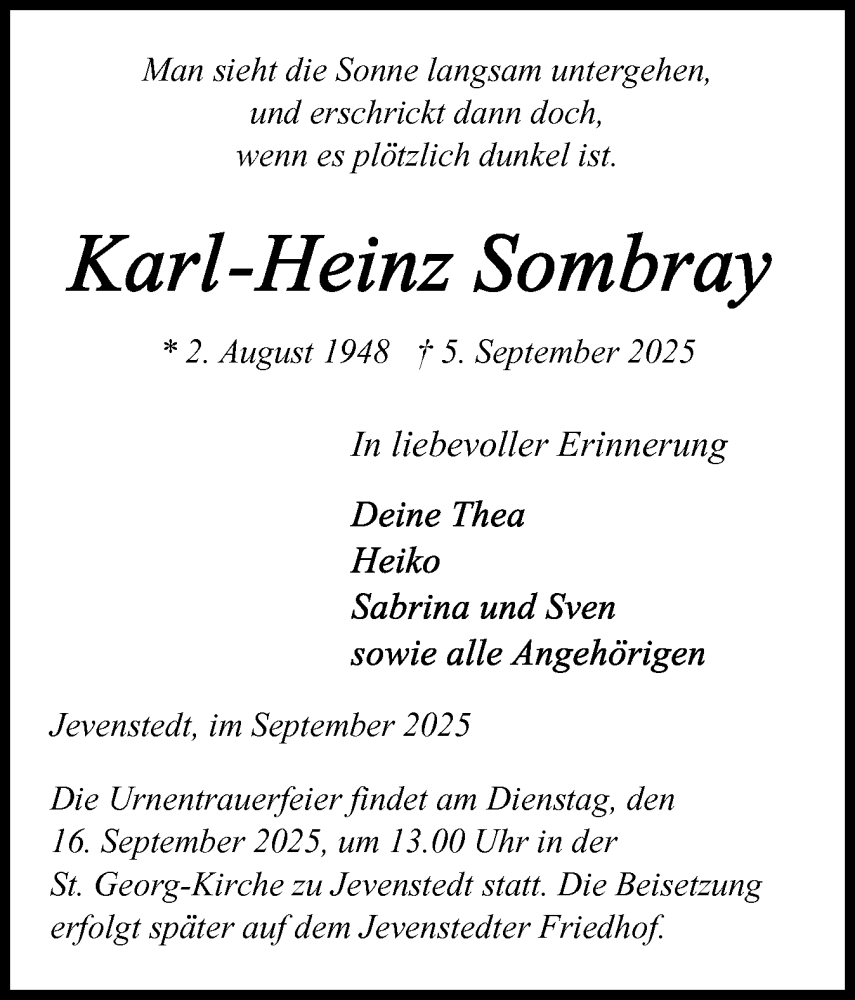  Traueranzeige für Karl-Heinz Sombray vom 13.09.2025 aus Schleswig-Holsteinische Landeszeitung