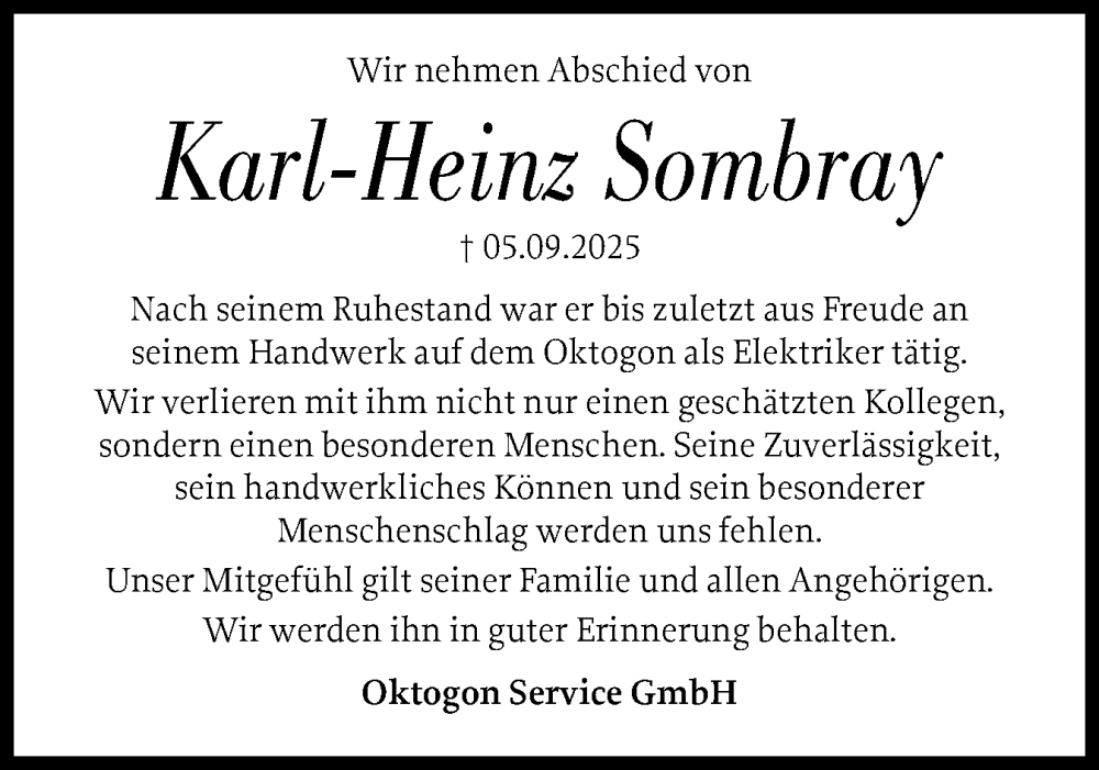  Traueranzeige für Karl-Heinz Sombray vom 20.09.2025 aus Schleswig-Holsteinische Landeszeitung