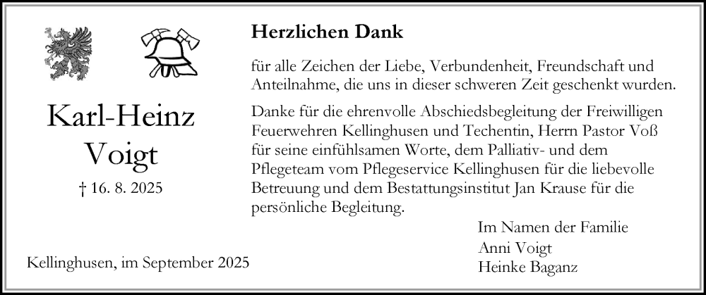  Traueranzeige für Karl-Heinz Voigt vom 13.09.2025 aus Norddeutsche Rundschau, Wilstersche Zeitung, Glückstädter Fortuna