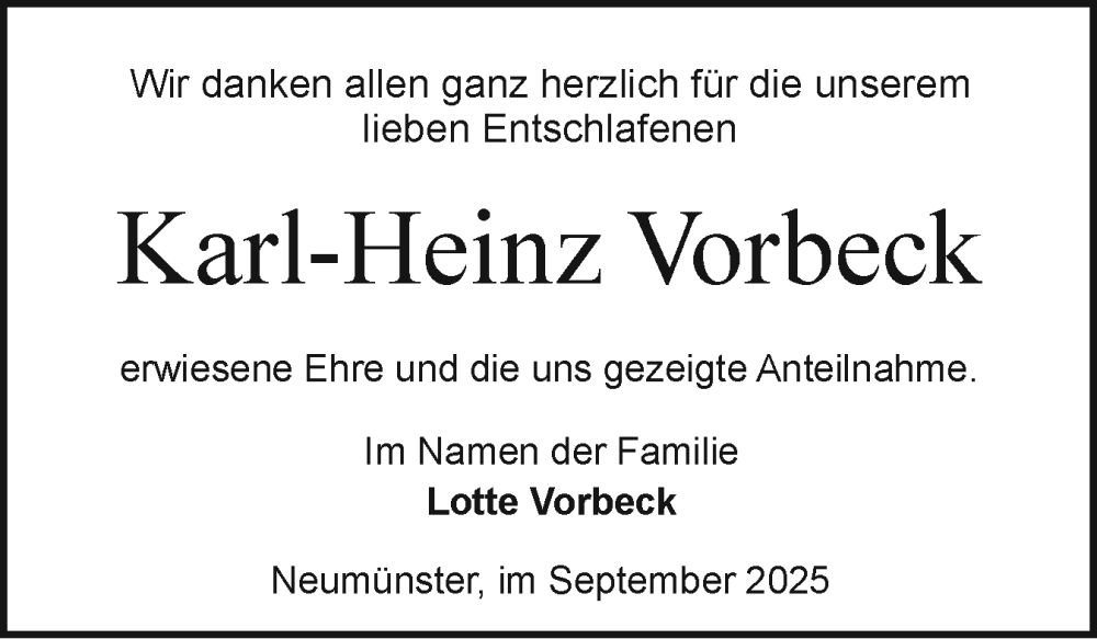 Traueranzeige für Karl-Heinz Vorbeck vom 27.09.2025 aus Holsteinischer Courier