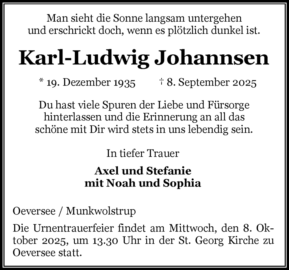  Traueranzeige für Karl-Ludwig Johannsen vom 27.09.2025 aus Flensburger Tageblatt