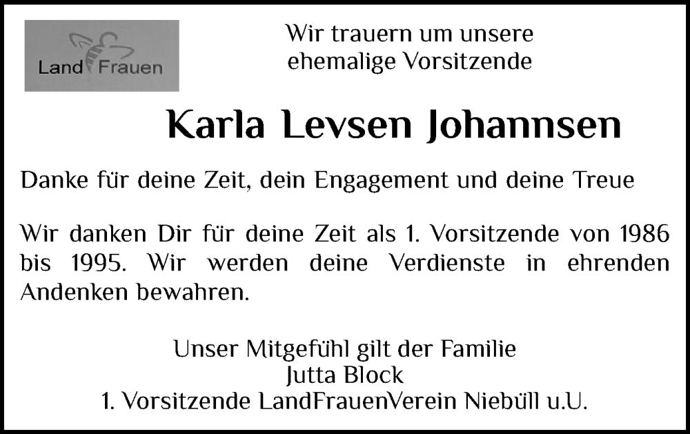 Traueranzeige für Karla Johannsen vom 30.09.2025 aus Husumer Nachrichten, Nordfriesland Tageblatt