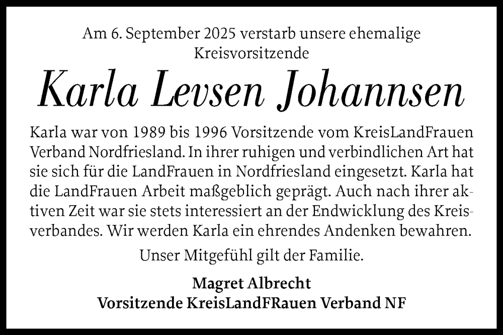  Traueranzeige für Karla Johannsen vom 17.09.2025 aus Husumer Nachrichten, Nordfriesland Tageblatt