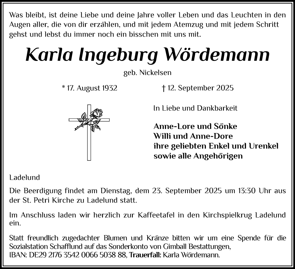  Traueranzeige für Karla Ingeburg Wördemann vom 17.09.2025 aus Region Flensburg